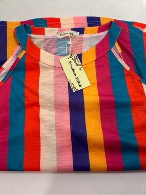 Southern Stitch Multi-Stripe Short Sleeve Top - Pink/Teal/Orange